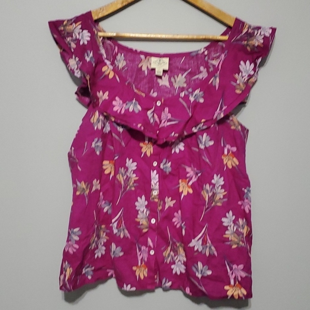 St. John's Bay linen blend top womens size large L fushia pink orange fl…